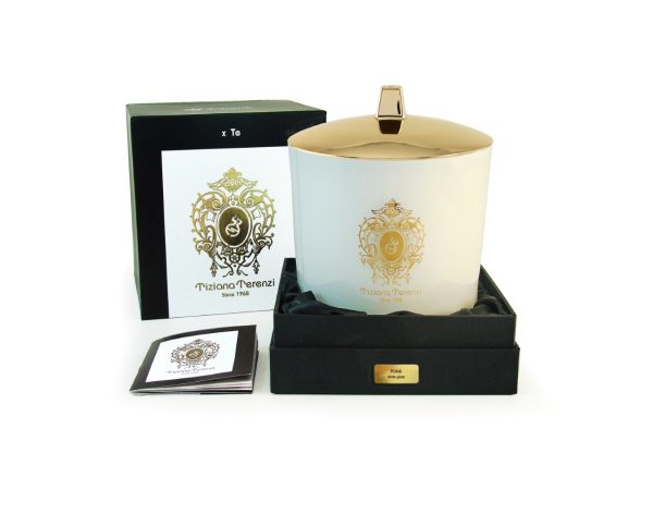 Kirke White Maxi Glass Camino With LID AND Gold Decoration, 3 Wooden Wicks